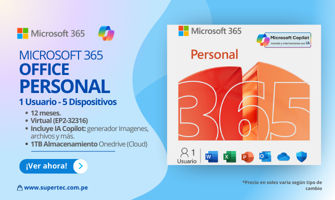 FFICE MICROSOFT 365 PERSONAL 1 Usuario - 5 Dispositivos, 12 MESES, VIRTUAL